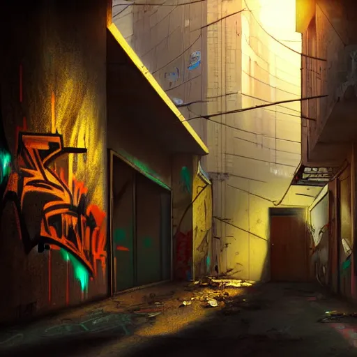 Image similar to graffiti on a wall in a run down building, happy mood, cyberpunk, high detail, golden light, realistic