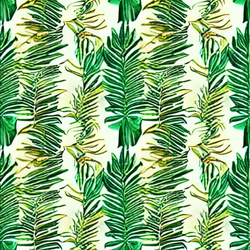 Prompt: repeating pattern seamless. watercolor. tropical palm leaves, warm light, gold and green, hyperrealistic, minimalistic, stylized