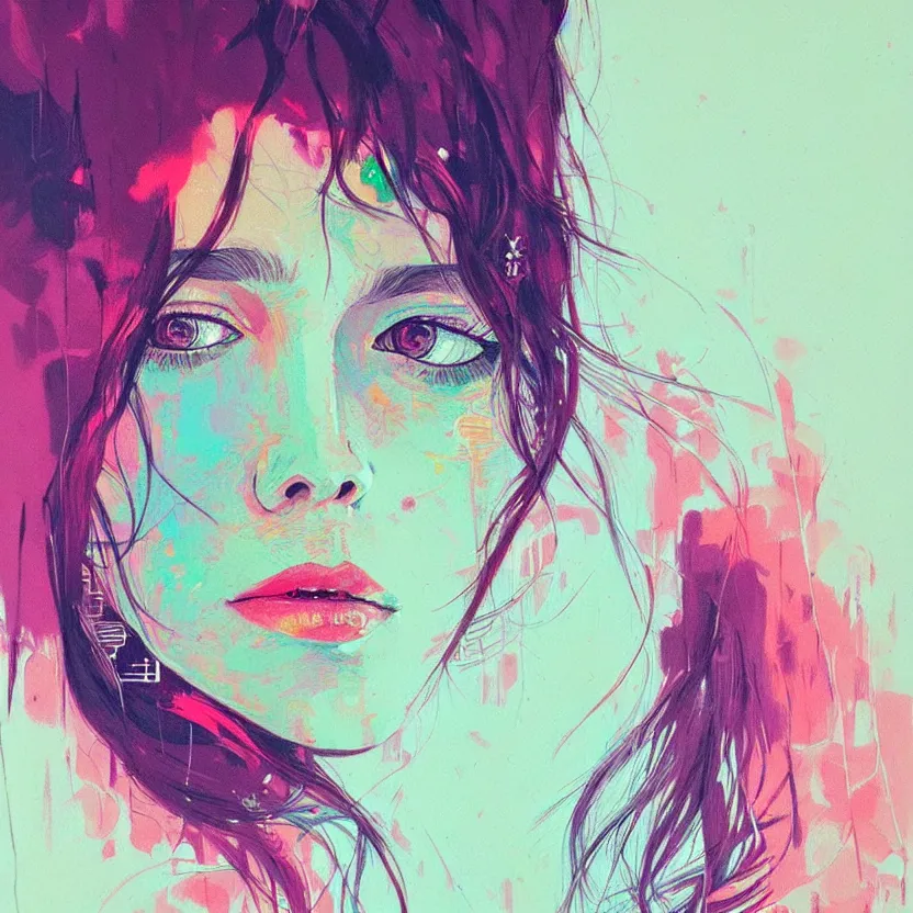 Image similar to close up portrait painting of a female in nineties street styling, concept art, intricate details, aesthetically pleasing pastel colors, art by conrad roset, impressionism, portrait