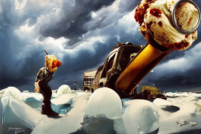 Image similar to best ice cream in the world, dynamic camera angle, deep 3 point perspective, fish eye, dynamic extreme foreshortening of the ice cream, dramatic stormy clouds by phil hale, ashley wood, geoff darrow, james jean, 8k, hd, high resolution print