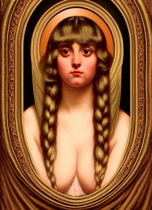 Prompt: portrait of a realistic ethereal woman with big eyes and a glowing face, wearing a red dress, in the style of john william godward, intricate details, high detail, super - flat, art nouveau, face symmetry, masterpiece, sharp focus