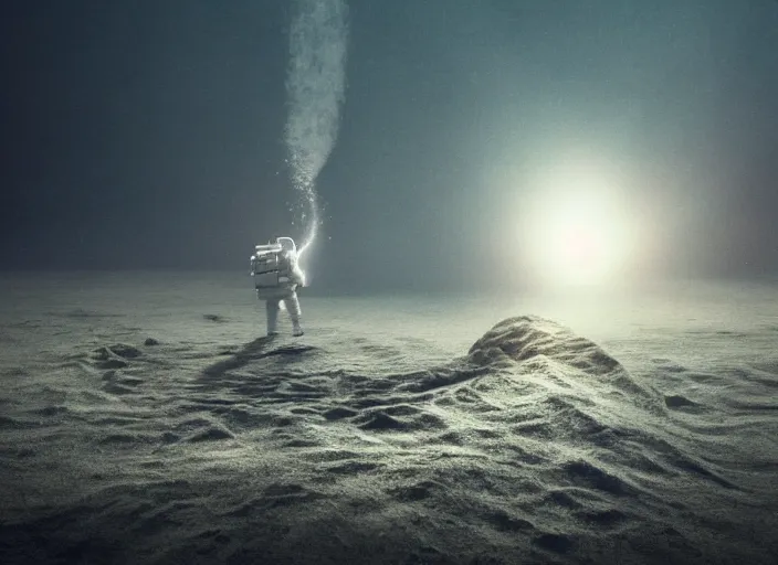 Image similar to astronaut underwater putting a flag in the sand of the bottom of the ocean. a submarine is visible in the distance. dark, concept art, cinematic, dramatic, atmospheric, 8 k, trending on artstation, low visibility, fog, ocean floor, christopher nolan, interstellar