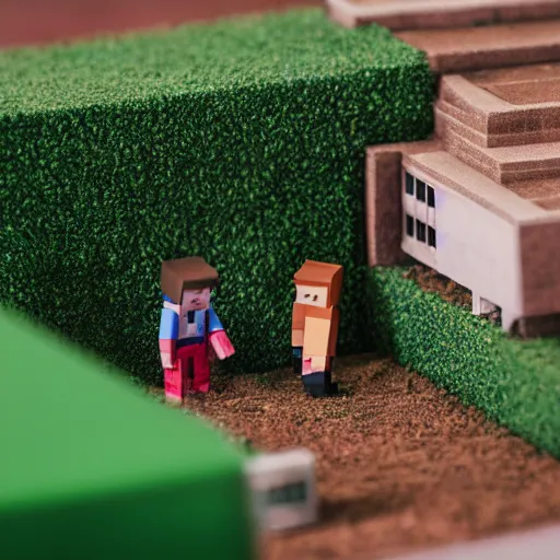 Image similar to macro photo of a miniature ho scale aesthetic minecraft house figure, taken with canon 8 0 d, canon 1 0 0 mm f / 2. 8