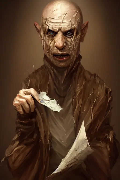 Image similar to A deranged tiny filthy man wearing long dark damaged ripped robes showing a magic paper scroll, camera looking down upon, long fingernails, unclipped fingernails, sharp fingernails, focus on face, sharp focus, digital painting, trending on artstation, concept art, fantasy, medieval