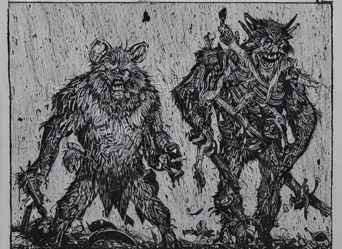 Prompt: blue woodcut print cartoon, bugbear at midnight by greg rutkowski, fine details, highly detailed