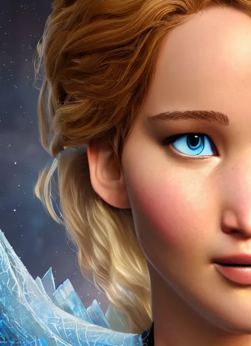 Prompt: Jennifer Lawrence in Frozen Movie, High quality illustration, trending on artstation, octane render, 4k, Pixar rendering,