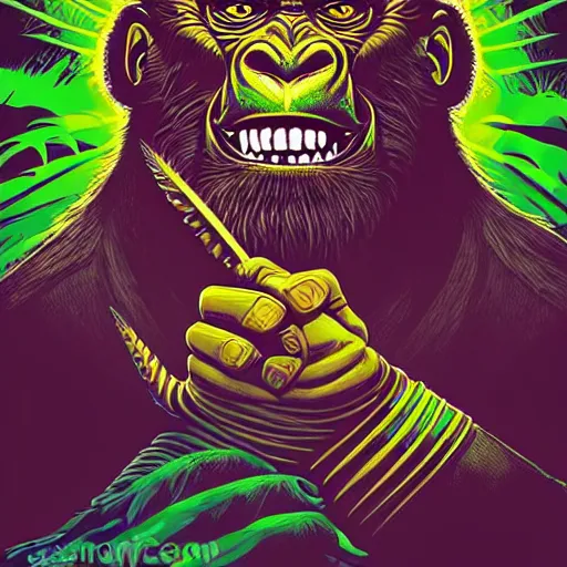 Prompt: barong family member faced jim carrey, jim carrey!, wiwek, mara demon, one single tribe member, jungle, one single mask, dark, ancient warrior, grumpy gorilla, violence blood, tribal, inner glow, art by dan mumford and justin gerard