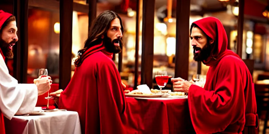 Image similar to jesus christ in a robe and red scarf, in a restaurant, on a date, yelling at a waiter