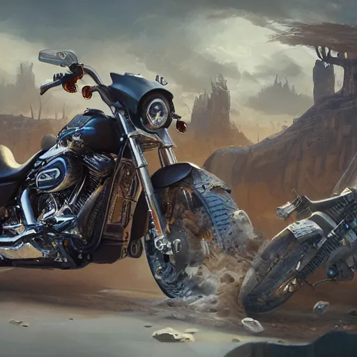 Image similar to harley davidson , highly detailed, illustration, fantasy art, in the style of greg rutkowski, epic, fantasy, intricate, hyper detailed, artstation, concept art, smooth, sharp focus, ray tracing