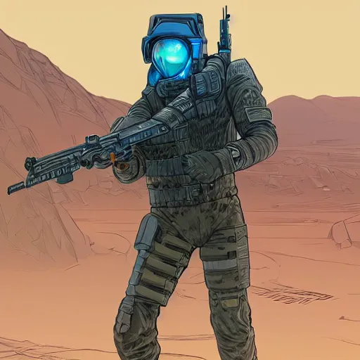 Image similar to a cyberpunk soldier with tactical gear and a rifle on mars, Industrial Scifi, detailed illustration, character portrait, by Martin Grip and Moebius