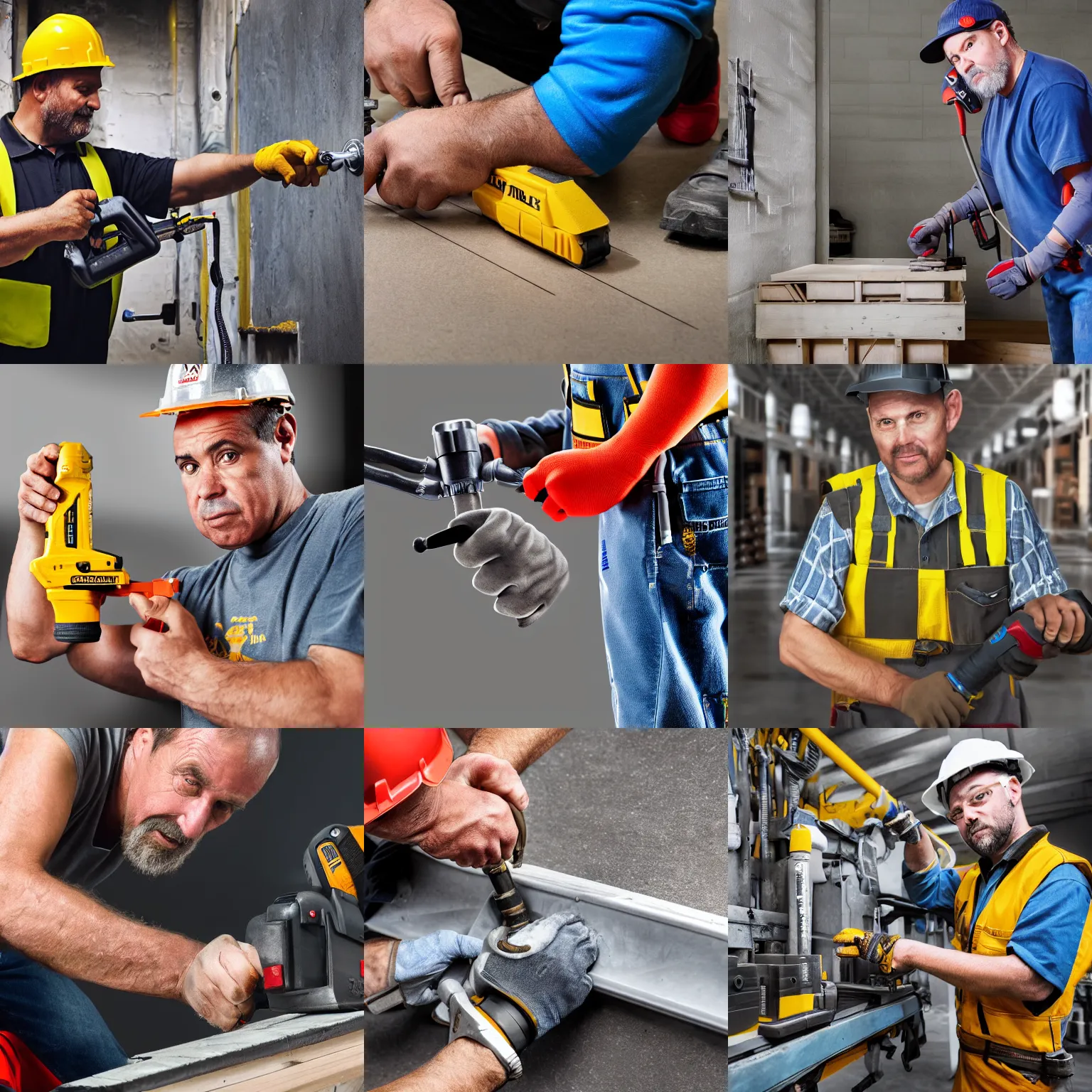 Prompt: a maintenance worker using stanley tools, man with many arms and hands, photorealistic, 4 k, wide angle, workshop