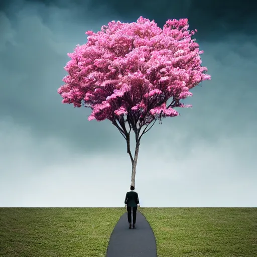 Prompt: humanoid shaped trees with pink flowers walking, Annihilation inspired, photorealistic, sharp focus