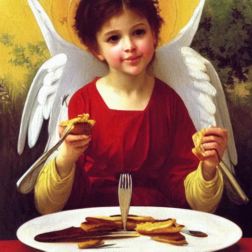 Image similar to an oil painting of an angel inside McDonald's eating pancakes with a fork, by Bouguereau, highly realistic and intricate