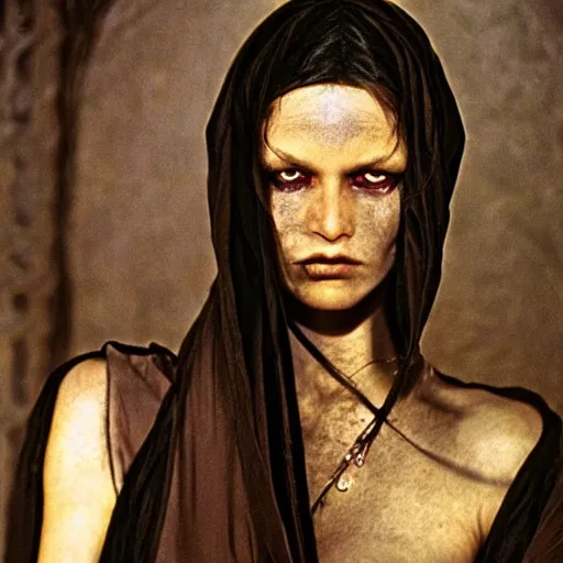 Image similar to beautiful portrait of a dark sorceress female, 35mm, cinematic atmosphere, photorealistic, depth of field, style of irwing penn and steve mccurry