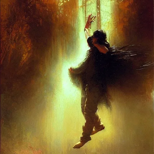 Prompt: a latino teenage boy with long black hair opens a portal to nowhere. dramatic. cinematic. holy. saintly. demigod. detailed. sharp. photo realistic. realism. gaston bussiere. phil hale