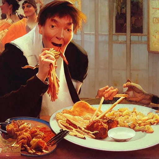 Prompt: kenneth williams eating a kebab, nier autoamata, highly detailed painting by ilya kuvshinov, alphonse mucha, gaston bussiere, craig mullins, j. c. leyendecker