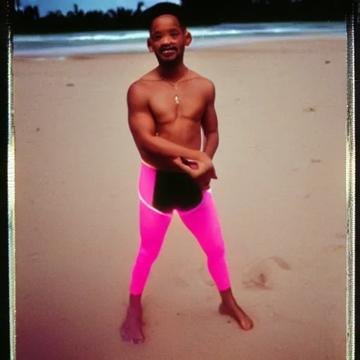 Image similar to will smith wearing a pink speedo on a moonlit beach in miami in the 8 0 s, polaroid photo