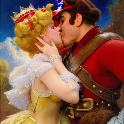 Image similar to a portrait of a super mario kissing princess peach. highly detailed painting by gaston bussiere, craig mullins, j. c. leyendecker, furry