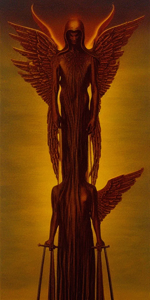 Prompt: a warhammer in the style of zdzisław beksinski, elegant, wood and gold, sun rays, angelic