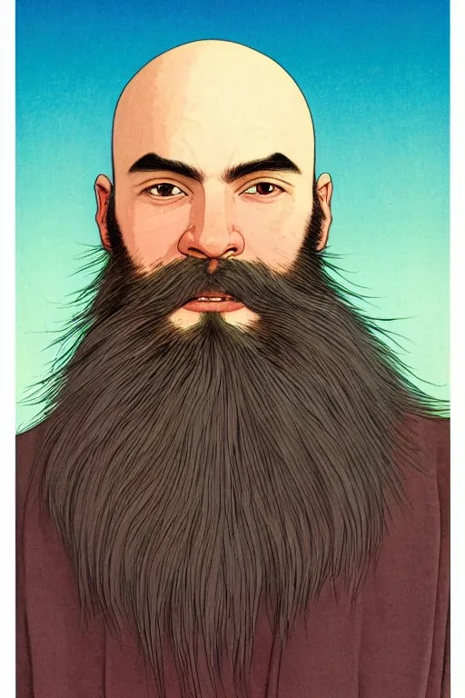 Image similar to a colorful closeup portrait of a young bald man with a very long wild beard dreaming psychedelic hallucinations in the vast icy landscape of antarctica, by kawase hasui, moebius and edward hopper, colorful flat surreal design, hd, 8 k, artstation