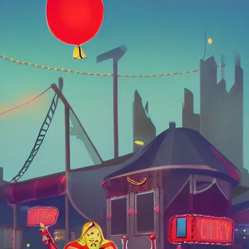 Prompt: a girl holding a balloon at a fairground. buildings with graffiti. dusk. illustration in the style of simon stalenhag artstation