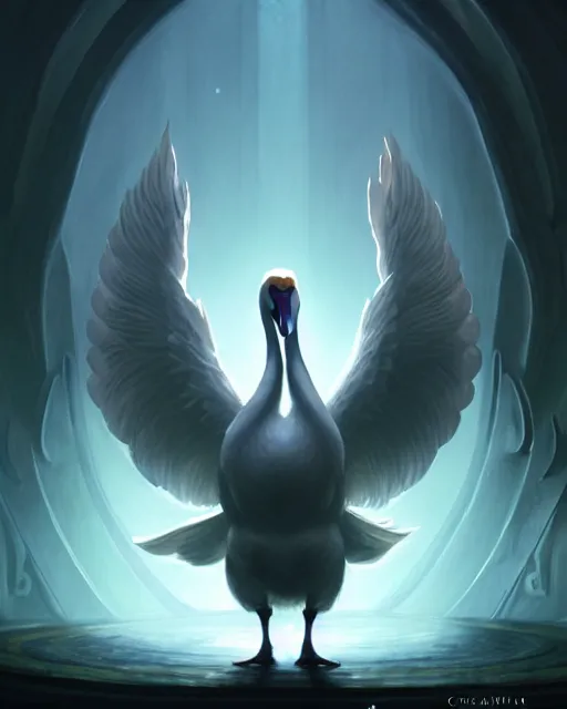 Image similar to Swan, Anthropomorphized, Angelic, Magical, Priest, D&D, artstation, fantasy, magic the gathering artwork, cinematic lighting, centered, symmetrical, highly detailed, digital painting, , concept art, smooth, sharp focus, illustration, volumetric lighting, epic Composition, 8k, art by Akihiko Yoshida and Greg Rutkowski and Craig Mullins, oil painting, cgsociety