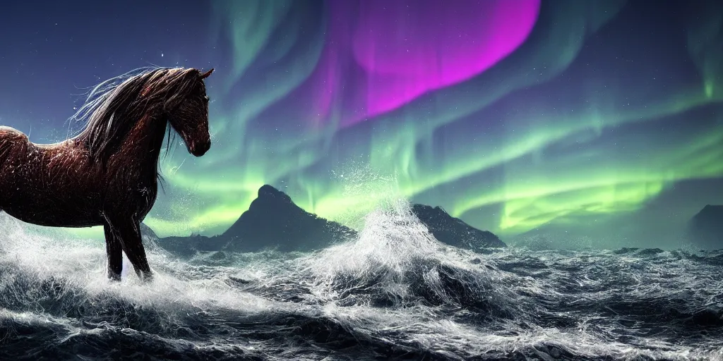 Prompt: beautiful horse made of water, northern lights, night ocean, fjords, moonlit, waves, octane render, artstation, HDR