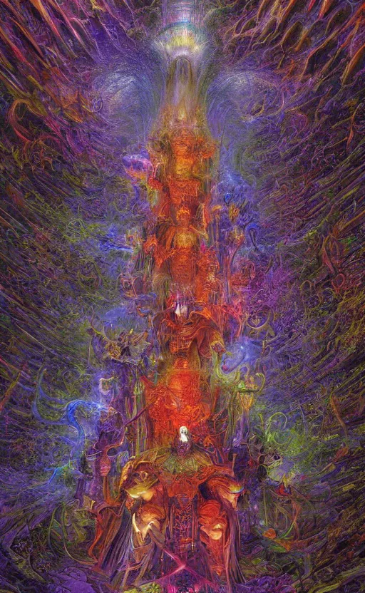 Prompt: epic omnious academic drawing of three levels of wh40k chaotic deities/gods/demiurges organized into a vertical hierarchy in vivid iridescent warp heaven by James Gurney, Zdislaw Beksinski, Alex Gray, Greg Rutkowski, Robert McCall