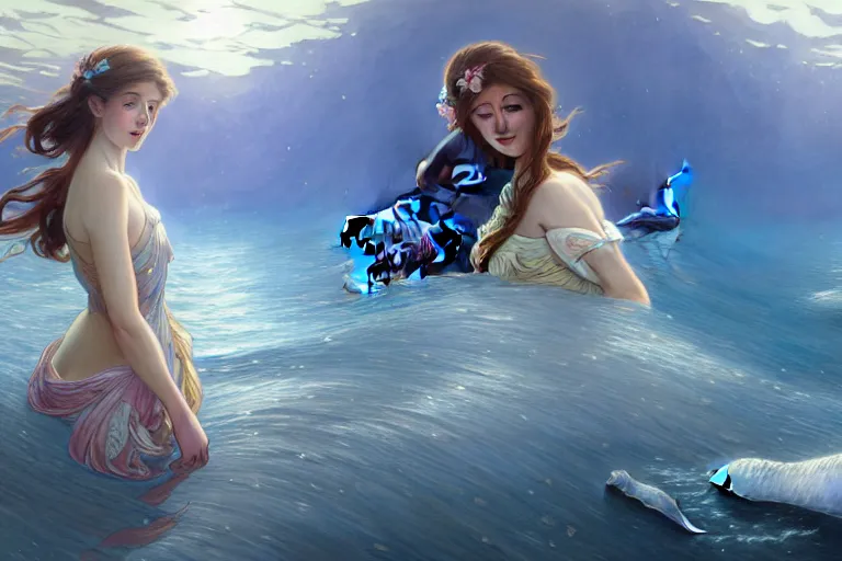 Image similar to painting of a panorama distance view of under the water, wearing beautiful clothes, hyper detailed cg rendering of a cute girl and whale, elegant, highly detailed, digital painting, artstation, concept art, smooth, sharp focus, illustration, art by artgerm and greg rutkowski and alphonse mucha, 8 k