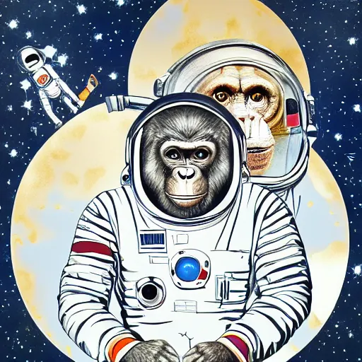 Image similar to double exposure portrait of astronaut and a chimpanzee astronaut with space and time in the the background by davinci, circles, psychedelic, pencil art, high definition, dynamic lighting stars, sharpness, golden ratio