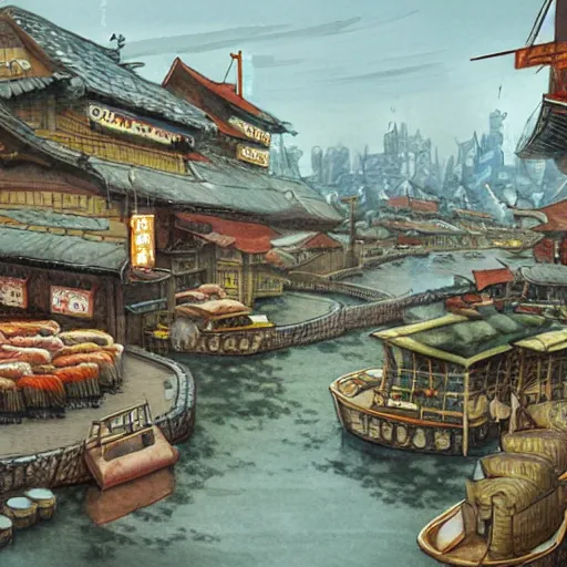 Image similar to sushi city, a detailed matte painting by anton pieck, deviantart contest winner, fantasy art, concept art, official art, matte drawing