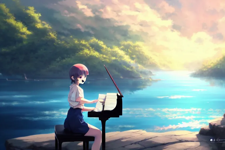 Image similar to Anime girl playing piano on blue water, far away, landscape, scenery, Cushart Krenz, Shinkai Makoto, by Lluluchwan, lots of details, highly detailed, 4k