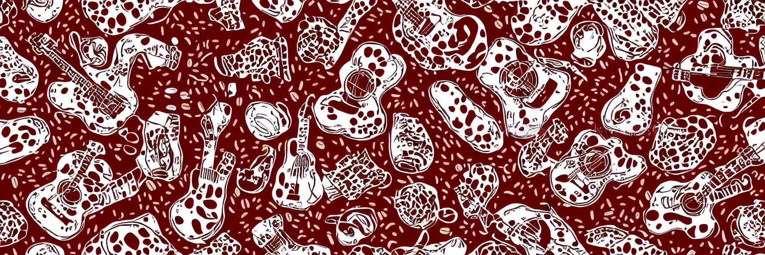 Prompt: seamless pattern design, coffee and guitar, vector, simple, red and white,