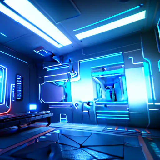 Image similar to cybernetic wonderland, artstation, raytracing, unreal engine, blue