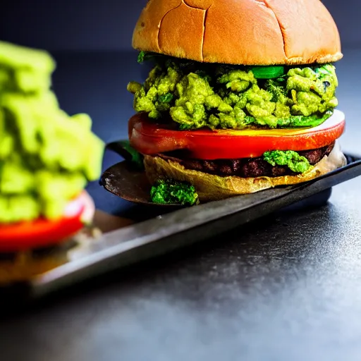 Image similar to juicy vegan hamburger topped with guacamole and fried onion and a vegan fried egg, crispy buns, 8 k resolution, professional food photography, studio lighting, sharp focus, hyper - detailed