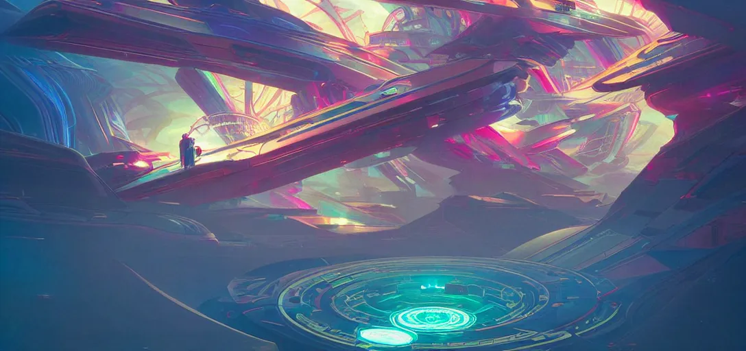 Prompt: a floating temple of androids, channeling swirling energy, wearing netrunner clothing, vaporwave aesthetic, colorful, psychedelic, digital painting, artstation, concept art, smooth, sharp focus, illustration, art by artgerm and greg rutkowski and alphonse mucha