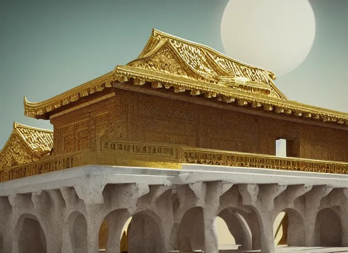 Prompt: “grand ancient heavenly palace, golden white material, insanely mystical, hyper realistic, extremely detailed, concept art, trending on artstatoon, atmospheric, 8k, octane render, unreal engine”