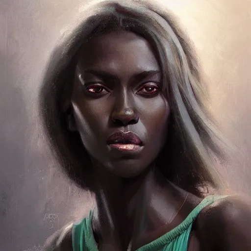 Prompt: A head-on detailed oil portrait of a dark-skinned woman with pale green eyes and long white hair by greg rutkowski and artgerm, trending on artstation