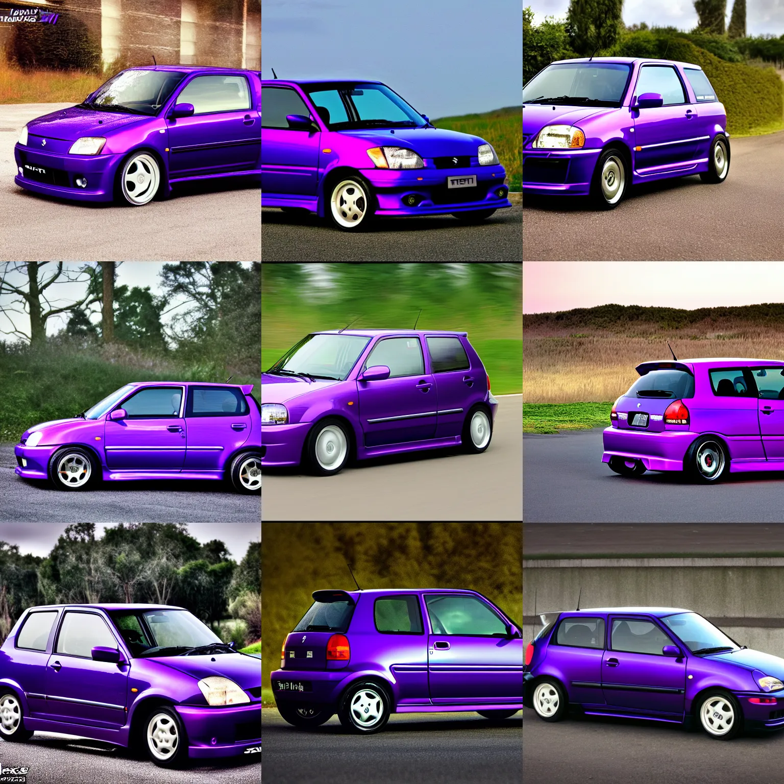 Prompt: Midnight Purple 1998 Suzuki Swift gti, hyper realistic, 8k, car photography,