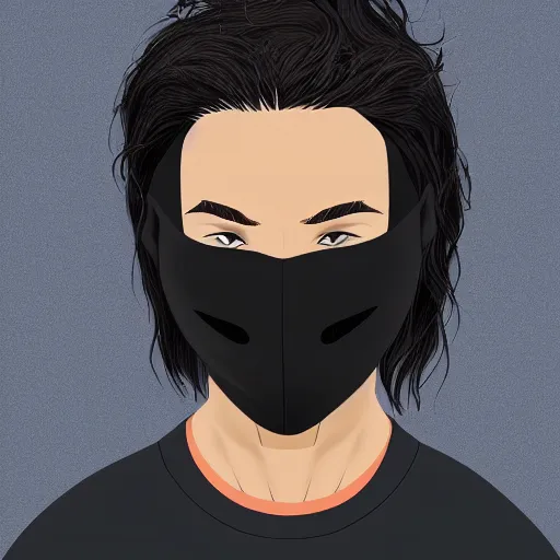 Image similar to professional digital art of a young adult man with slightly long hair wearing a black face mask and an oversized dark sweatshirt and dark sweatpants, high quality, HD, 8K, highly detailed, award-winning, sci-fi, fantasy, movie