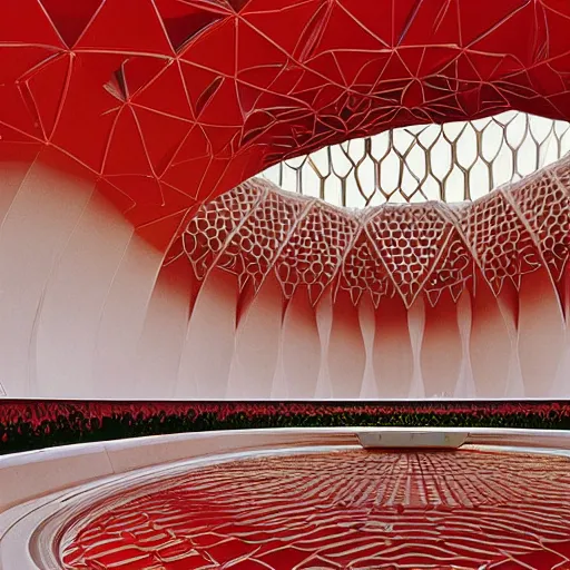 Image similar to interior of a futuristic lotus temple space station with gold, red and white marble panels, by buckminster fuller and syd mead, intricate contemporary architecture, photo journalism, photography, cinematic, national geographic photoshoot