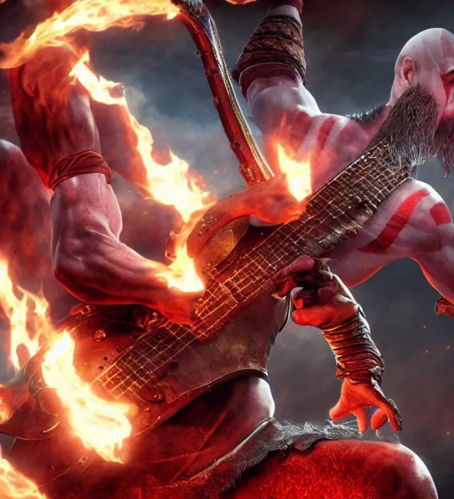 Image similar to kratos shredding on a flaming stratocaster guitar, cinematic render, god of war 2 0 1 8, santa monica studio official media, lightning, stripe over eye