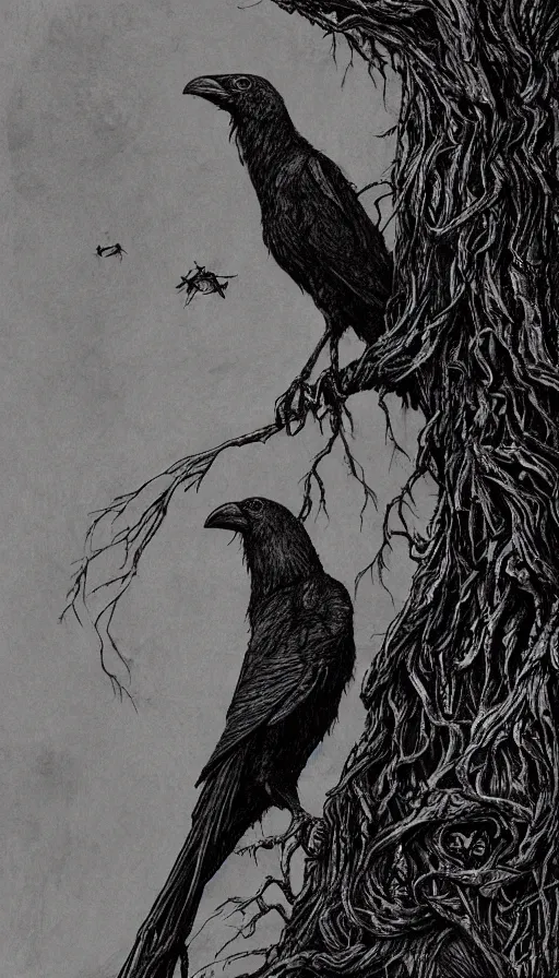 Prompt: book cover art, detailed close-up portrait of crow on a tree in front of the full big moon, dramatic lighting, cinematic, establishing shot, extremely high detail, foto realistic, cinematic lighting, pen and ink, intricate line drawings, by Yoshitaka Amano, Ruan Jia, Kentaro Miura, Artgerm, post processed, concept art, artstation, matte painting, style by eddie mendoza, raphael lacoste, alex ross