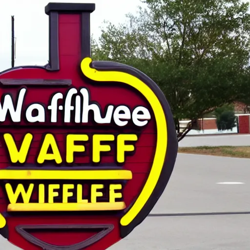 Image similar to wafflehouse employee's standing below wafflehouse sign