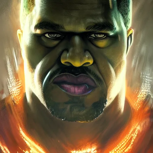 Image similar to Portrait of Kanye West as the Hulk, amazing splashscreen artwork, splash art, head slightly tilted, natural light, elegant, intricate, fantasy, atmospheric lighting, cinematic, matte painting, by Greg rutkowski