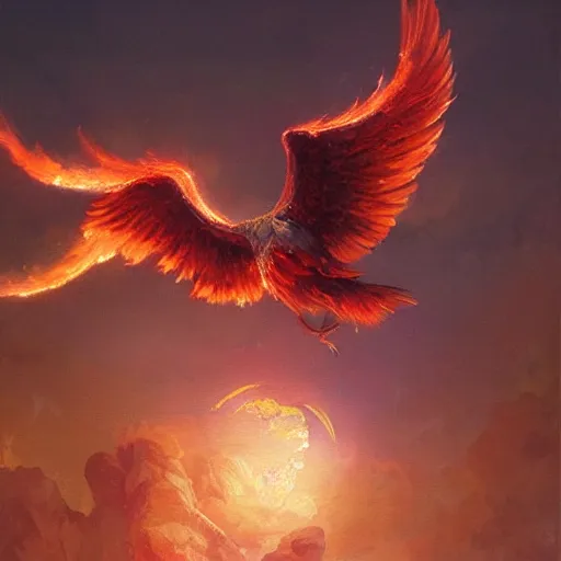 Image similar to phoenix flying in front of the moon, glowing light, fire, oil painting by greg rutkowski, 8 k