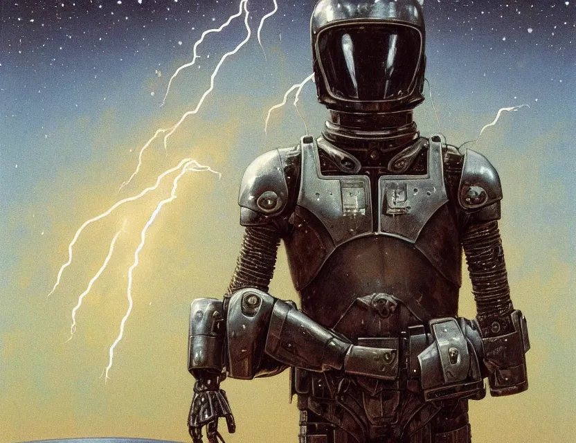 Image similar to a detailed portrait painting of a lone bounty hunter wearing combat armour and a reflective visor. Head and chest only. Movie scene, cinematic sci-fi scene. Flight suit, cloth and metal, accurate anatomy. portrait symmetrical and science fiction theme with lightning, aurora lighting. clouds and stars. Futurism by beksinski carl spitzweg moebius and tuomas korpi. baroque elements. baroque element. intricate artwork by caravaggio. Oil painting. Trending on artstation. 8k
