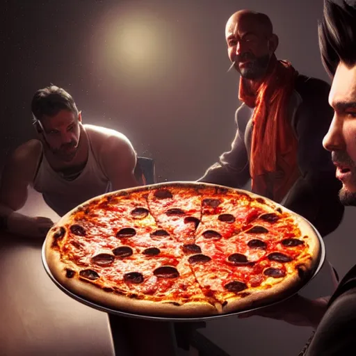 Image similar to man is surprised by pizza, photo by artgerm, greg rutkowski and alphonse mucha, unreal engine 5, 4 k uhd