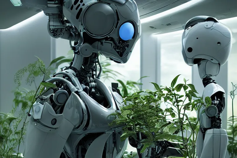 Image similar to androgynoid robot taking care of plants on the spaceship, 8 k, beautiful lighting, shallow depth of field, ultra realistic, hyper - detailed, sci - fi movie style, coherent composition, john harris