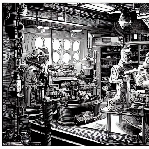 Prompt: space merchant in their shop, Industrial Scifi, detailed illustration, Chiaroscuro, character design, by Martin Grip and Moebius